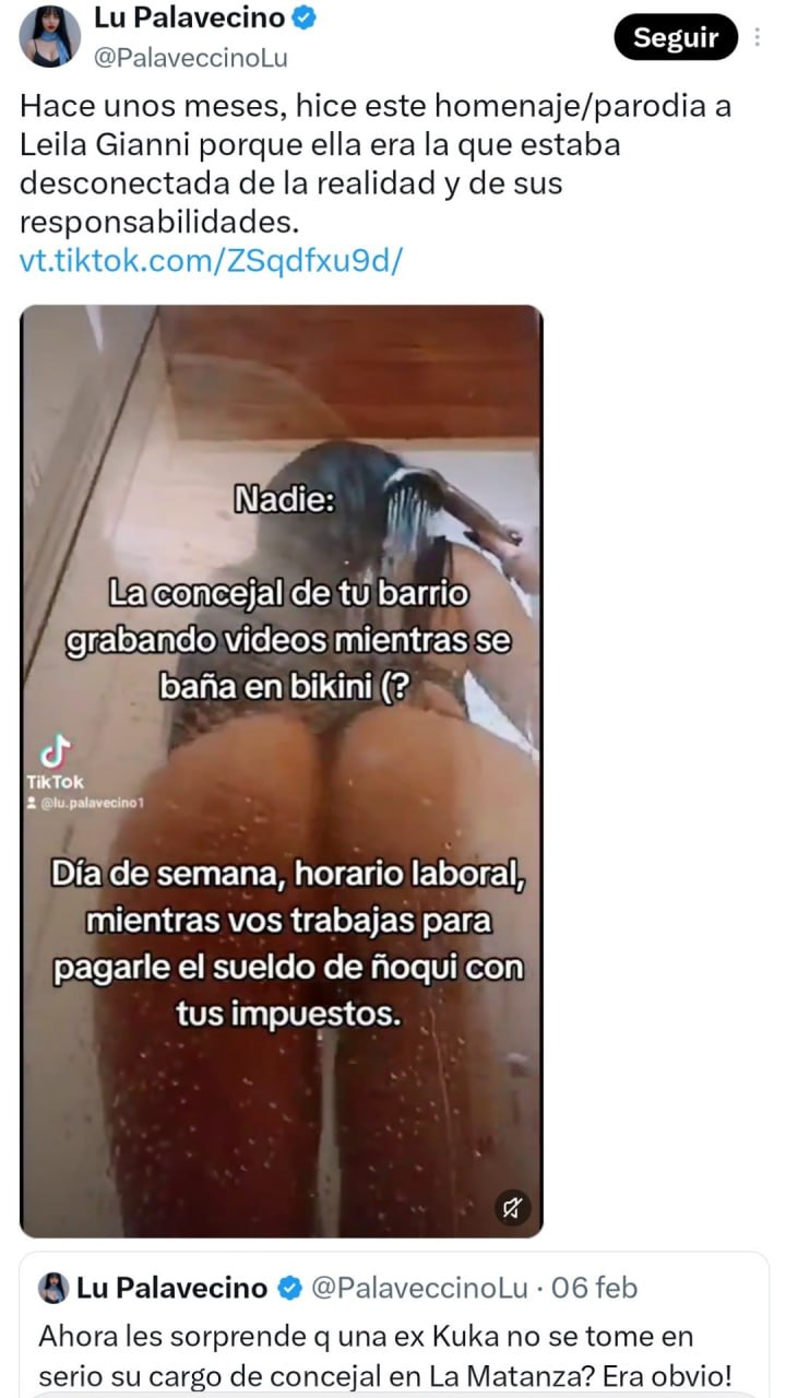 🇦🇷Lu Palavecino 🩵Mujer "libre" (liberal)🐍 (PX) Lu Palavecino S (ESB : :@PalaveccihoLu Say) Hace unos meses; hice este homenaje/parodia a Leila Gianni porque ella erala que.estaba desconectadadela realidady,de:sus resp nsabilidades. t teen ME eee | @ Lu Palavecine @ @PalaveccinoLti,--06 feb ‘Ahora les sorprende q una’ex Kuka no-se:tome’en, | serid.su cargo:de concejal:eniLa Matanza? Era obvio!